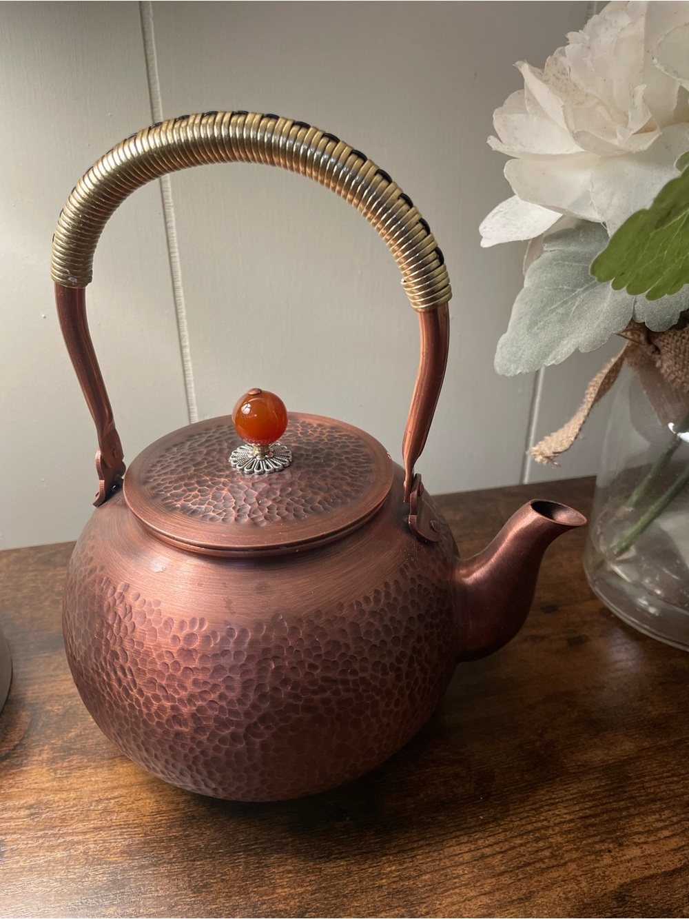 Hammered Copper Tea Kettle with Amber Knob - Copper